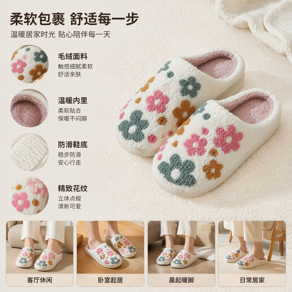 彩色花朵图案毛绒拖鞋女款家居保暖防滑棉拖
