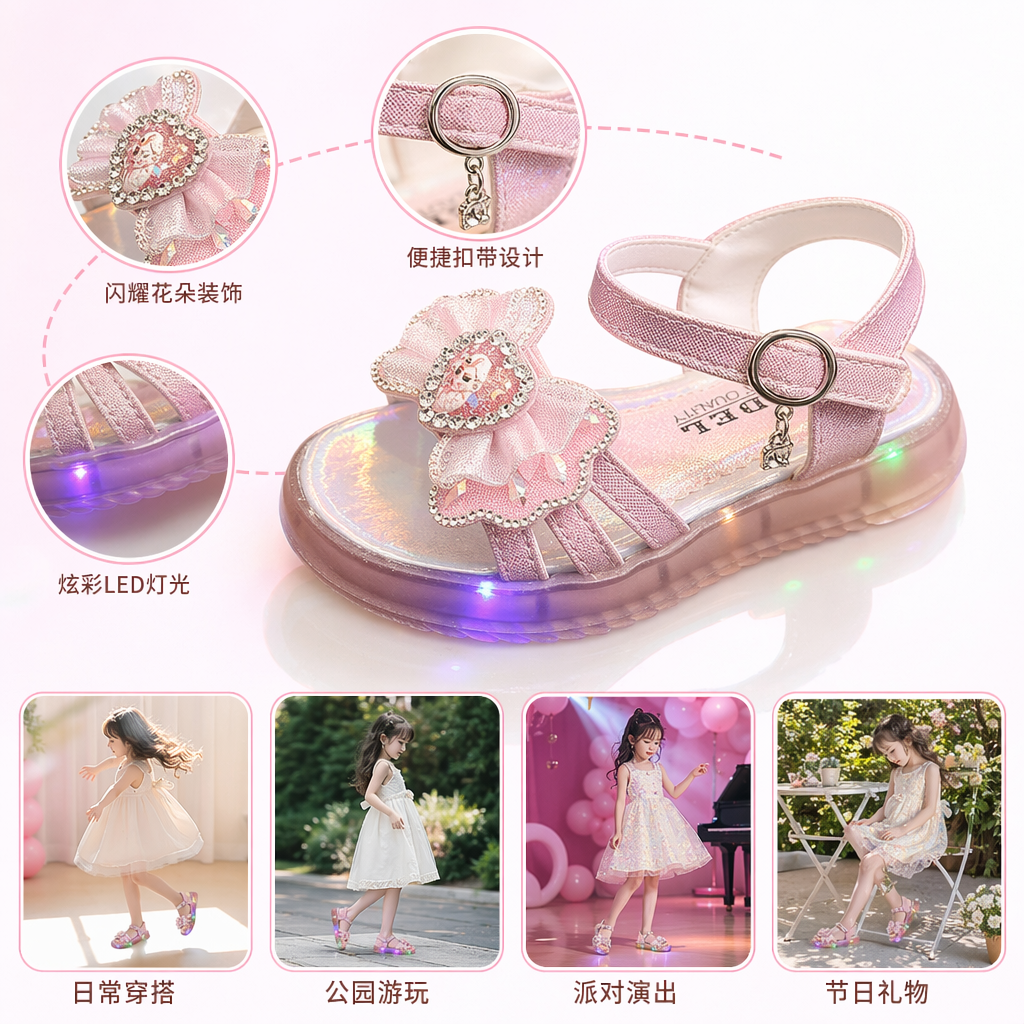 Pink luminous girls' sandals are breathable, anti-slip and comfortable, a new summer style