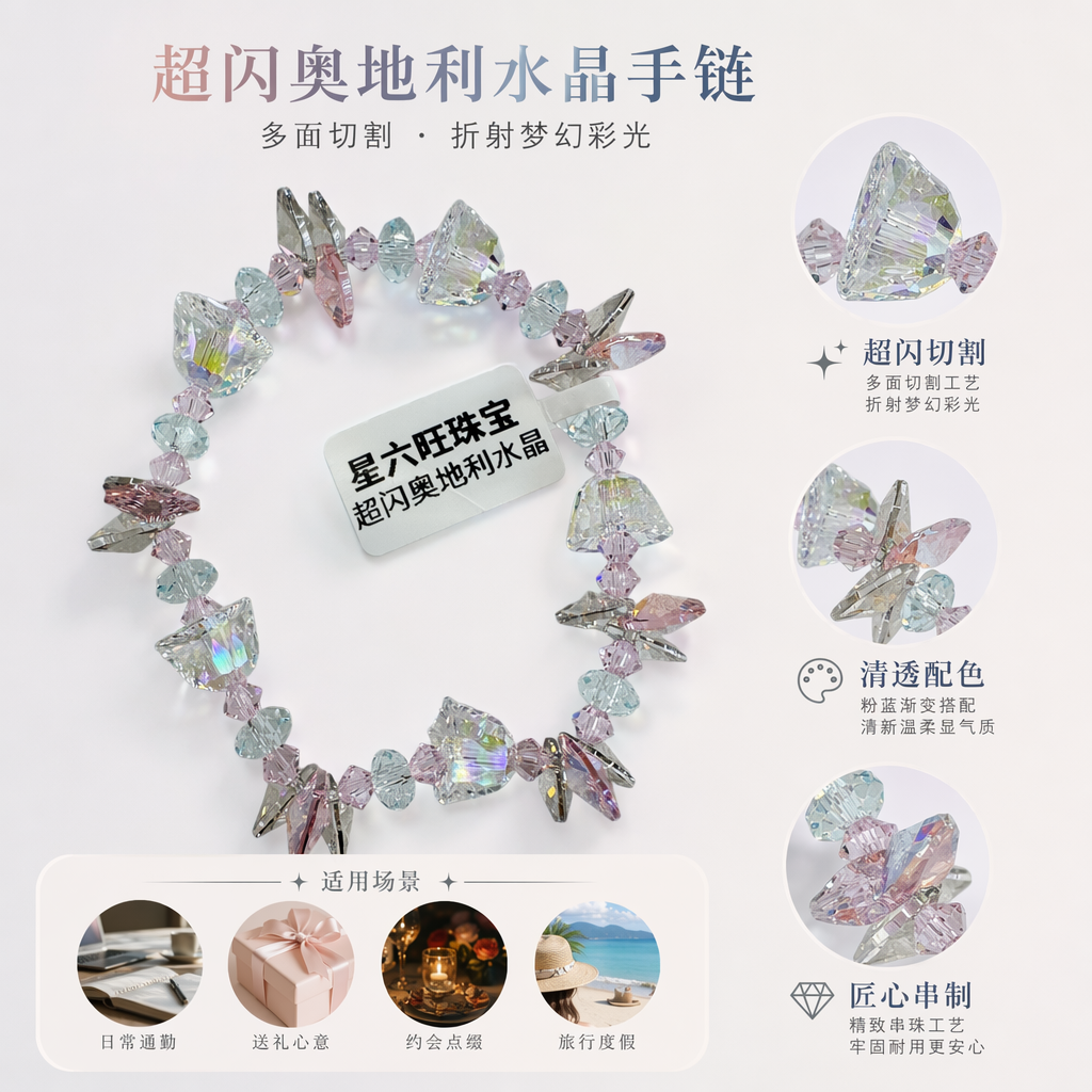 粉色透明水晶手链 女款简约时尚百搭饰品