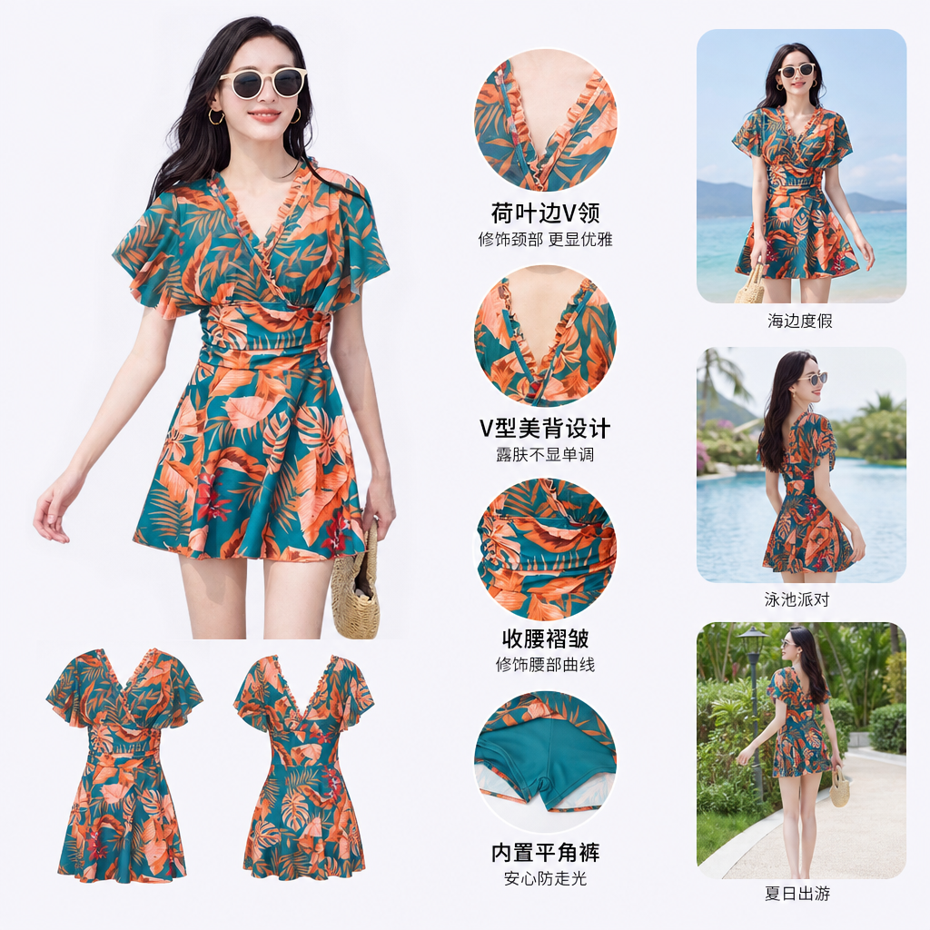 热带印花连体泳衣女款修身显瘦防晒泳装