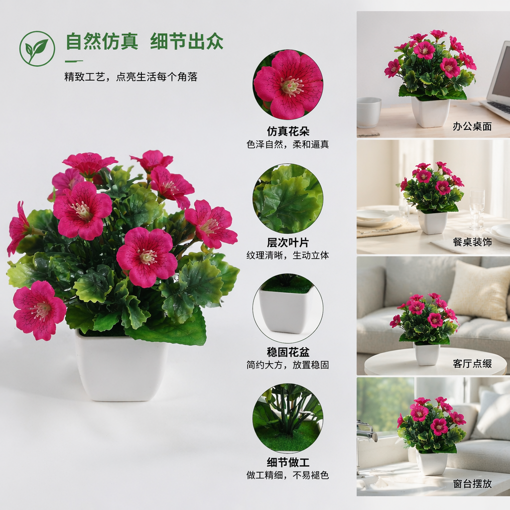 五盆彩色仿真花盆栽 蓝紫白黄红花朵配绿叶 白色方形花盆 书本松鼠南瓜蘑菇摆件图