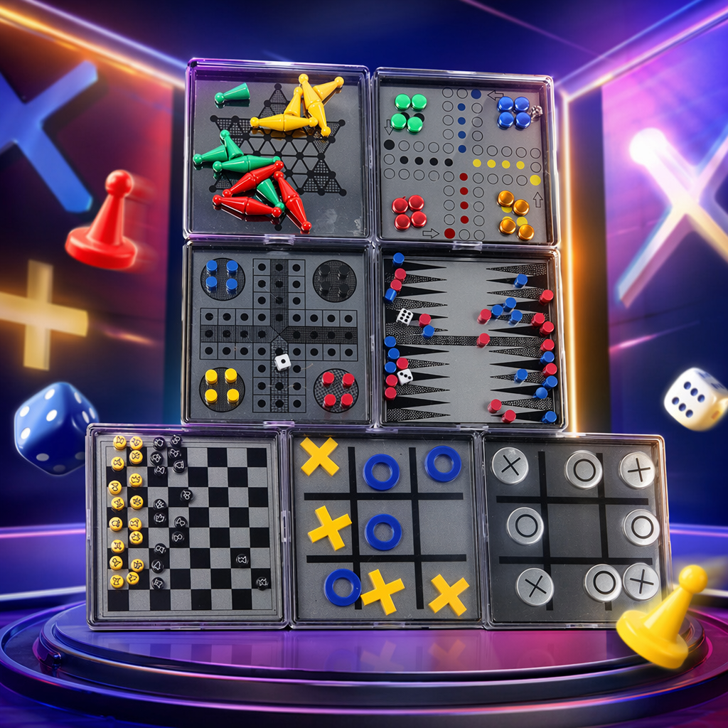 A combination of multiple portable board games, including Checkers, chess, Gobang, Tic-toe, and Backgammon Specification image