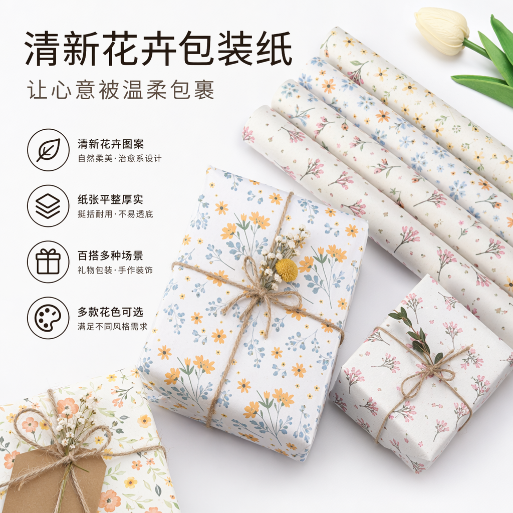 花卉图案包装纸与礼品盒套装 精美印花礼盒搭配专用包装纸
