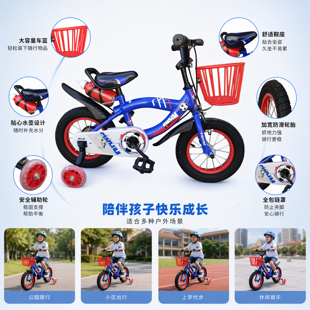 蓝色儿童自行车带红色车篮辅助轮水壶架