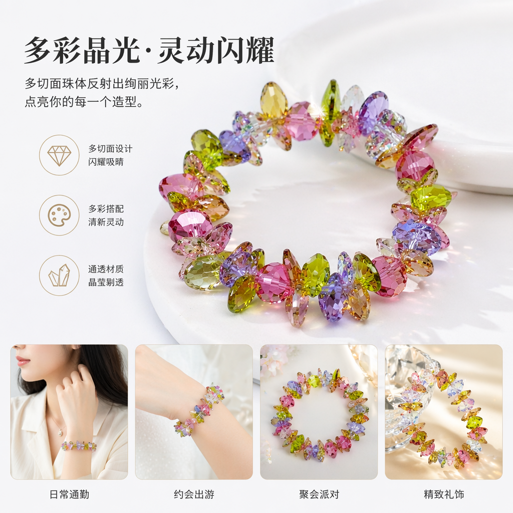 彩色水晶手链天然石多色串珠简约时尚女士配饰