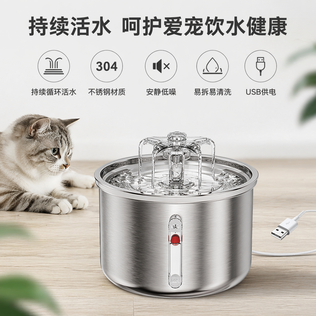 银色不锈钢宠物智能饮水机静音循环过滤猫狗通用
