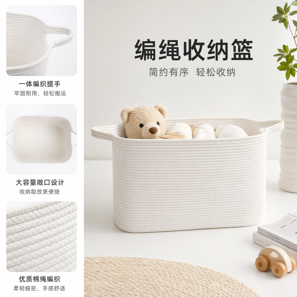 白色编织收纳筐家用大容量整理筐客厅卧室储物篮