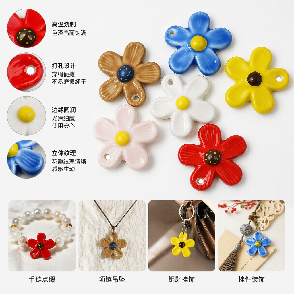 陶瓷清新创意花朵配件项链手链手工diy串珠材料批发
