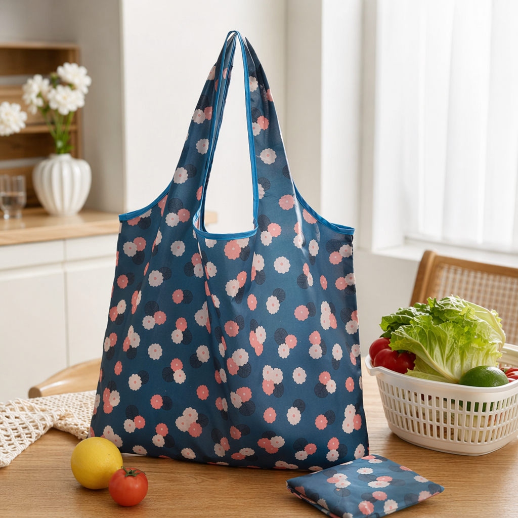 A large-capacity, lightweight and eco-friendly foldable shopping bag with blue background and floral patterns details Picture
