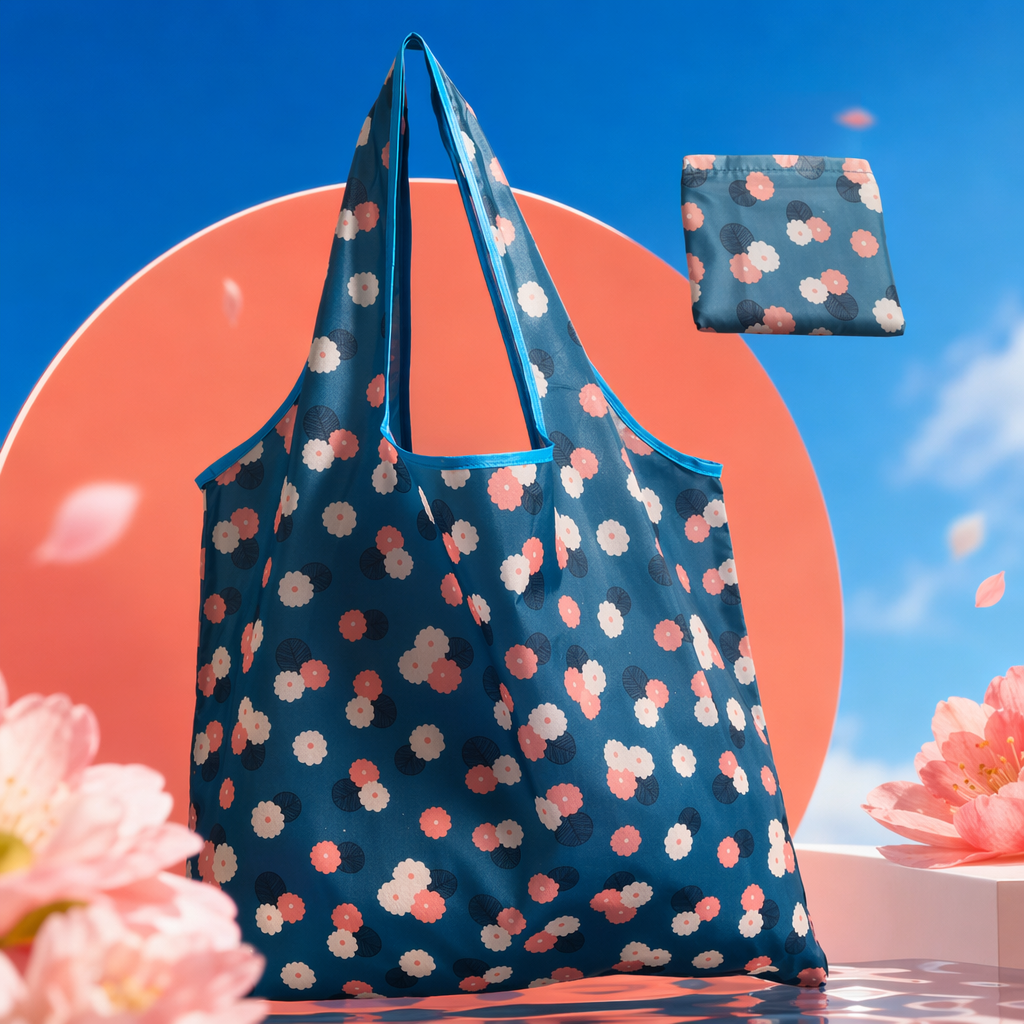 A large-capacity, lightweight and eco-friendly foldable shopping bag with blue background and floral patterns Specification image