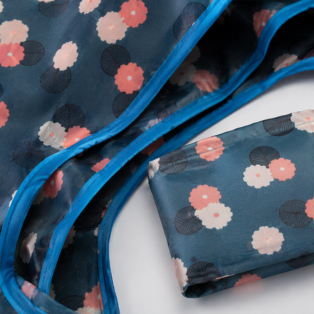 A large-capacity, lightweight and eco-friendly foldable shopping bag with blue background and floral patterns Application Scenario