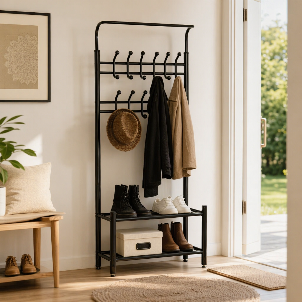 The black three-layer iron pipe coat rack is stable and load-bearing, and does not require drilling for hanging clothes at the entrance of the bedroom details Picture