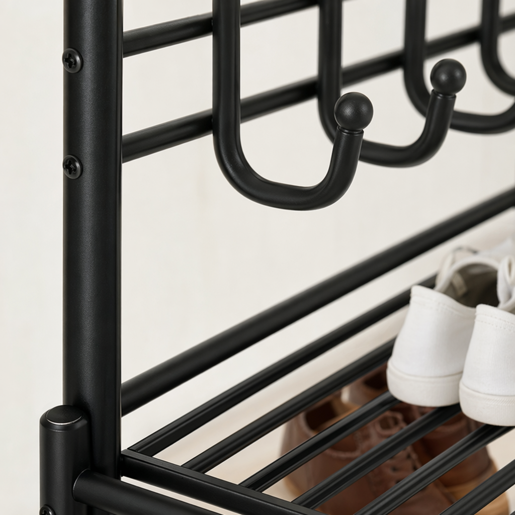 The black three-layer iron pipe coat rack is stable and load-bearing, and does not require drilling for hanging clothes at the entrance of the bedroom Application Scenario