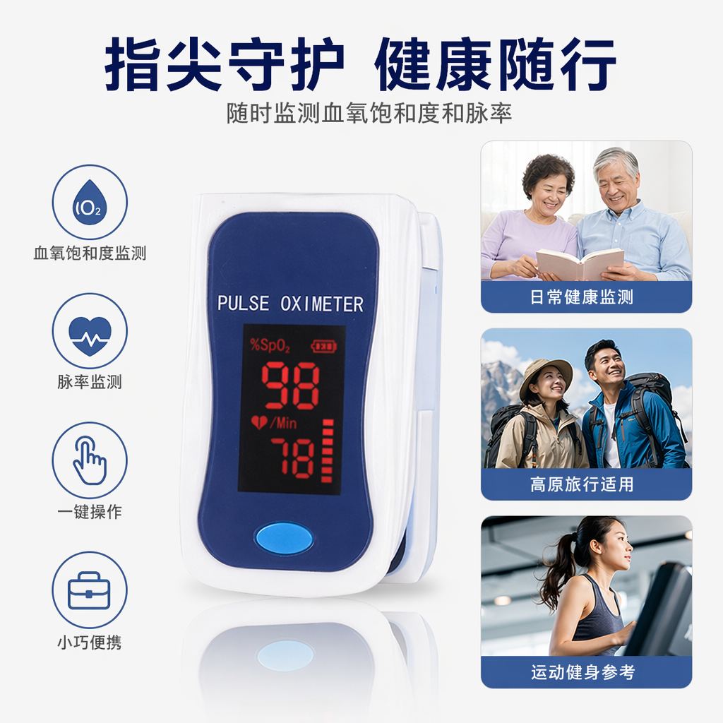 蓝白脉搏血氧仪指夹式实时监测血氧饱和度心率仪