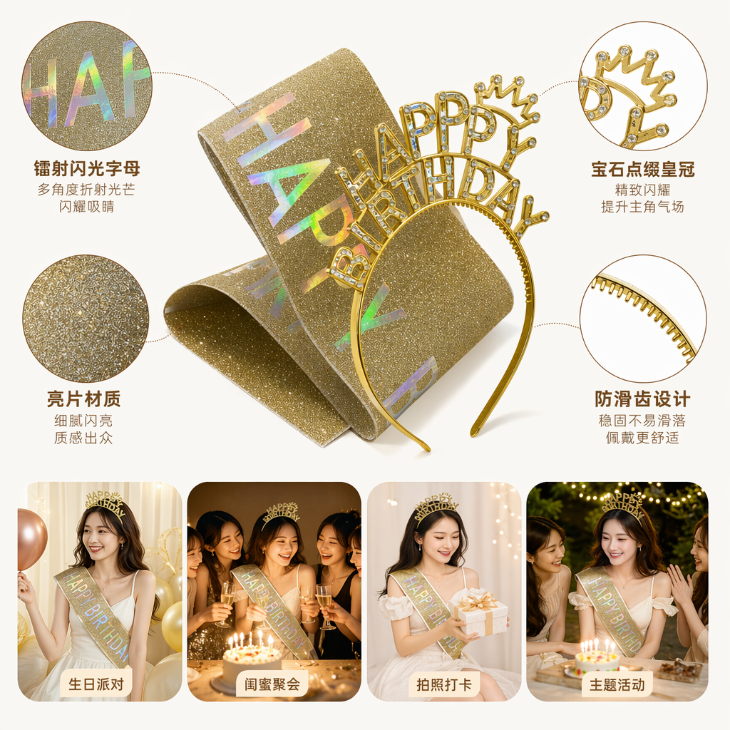 金色亮片HAPPY头箍装饰品 时尚发饰女童成人通用