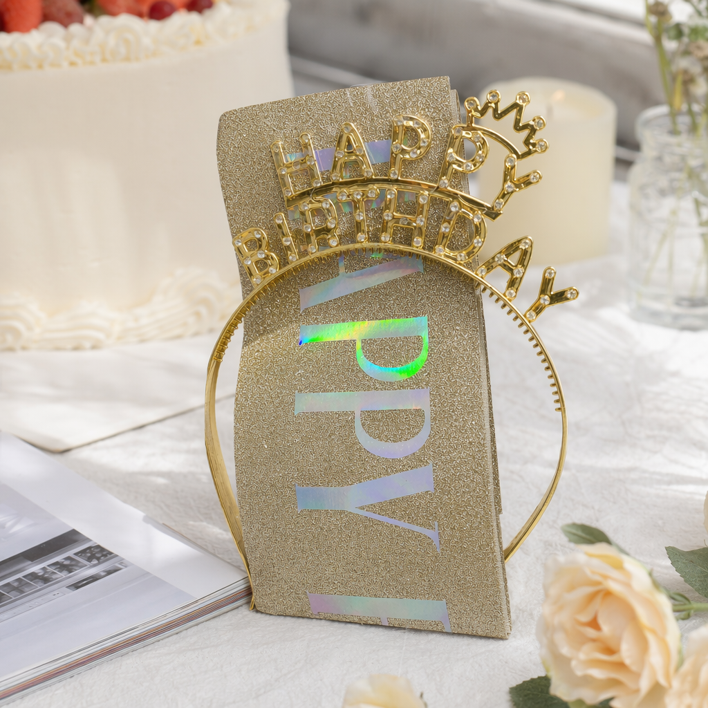 Golden sequined HAPPY headband decoration, fashionable hair accessory, suitable for both girls and adults details Picture