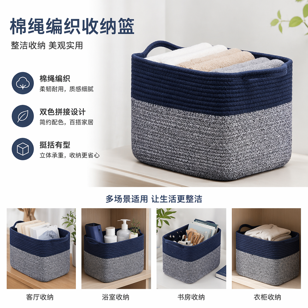 深蓝与灰白拼色绳编收纳篮 家居客厅卧室整理收纳用品