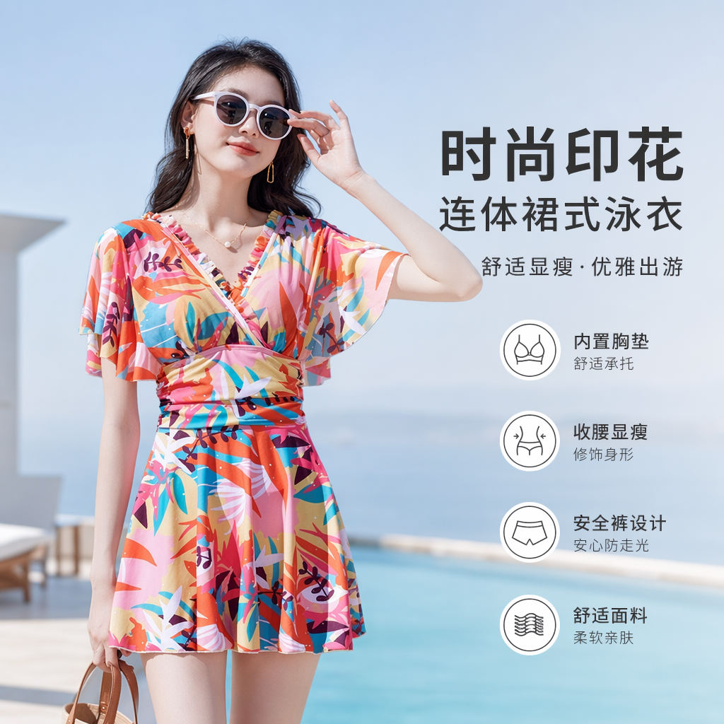 彩色热带印花女士连体泳衣 时尚修身显瘦防晒泳装