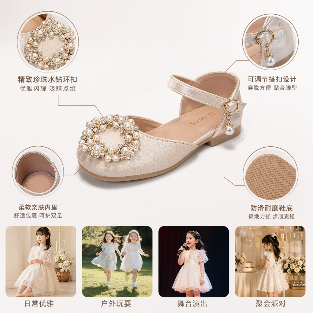 Pearl-decorated high-heeled girls' shoes, princess-style sequined bow single shoes for girls