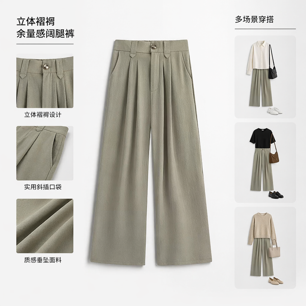 浅灰色高腰阔腿裤女显瘦垂感九分休闲长裤