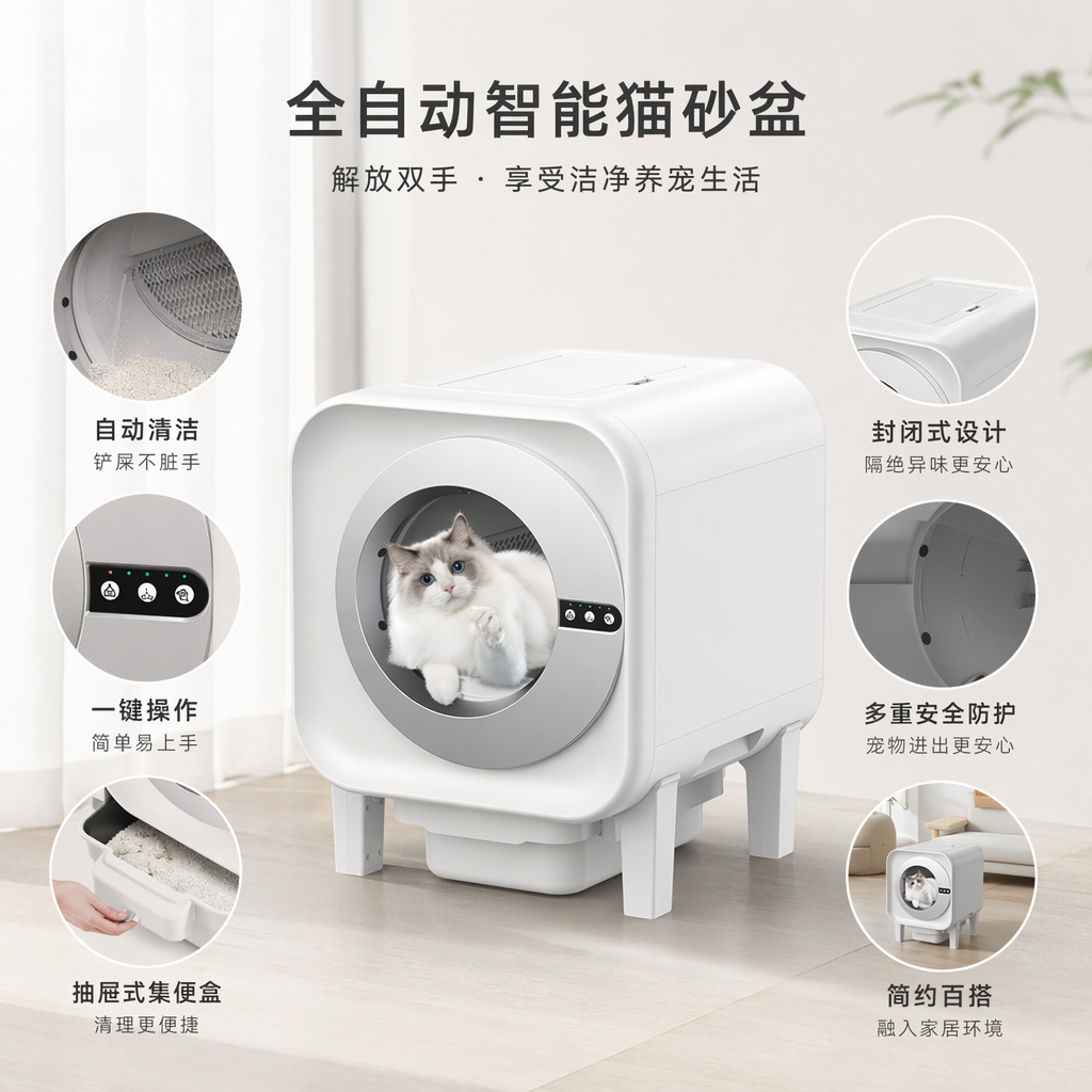 白色猫砂盆配蓝眼白灰相间猫咪图案 宠物专用防滑底座