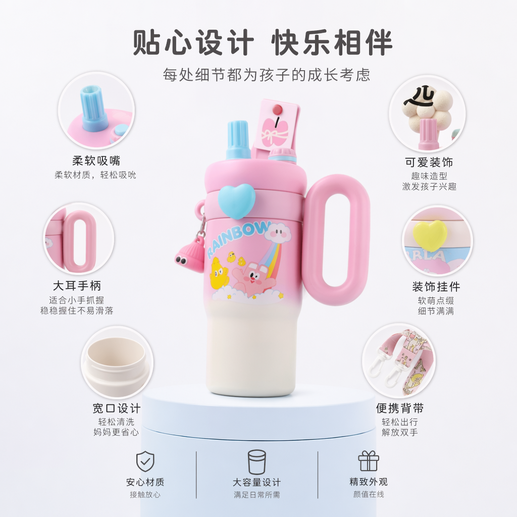 Color cartoon water cup, children's insulated cup 350ml, cute animal pattern, safe food grade
