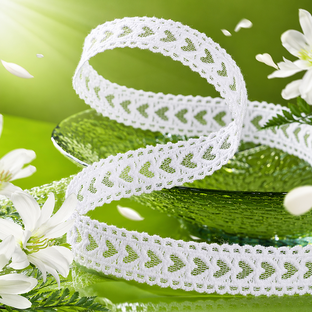 White lace trim and green heart-shaped hollowed-out decorative fabric Specification image