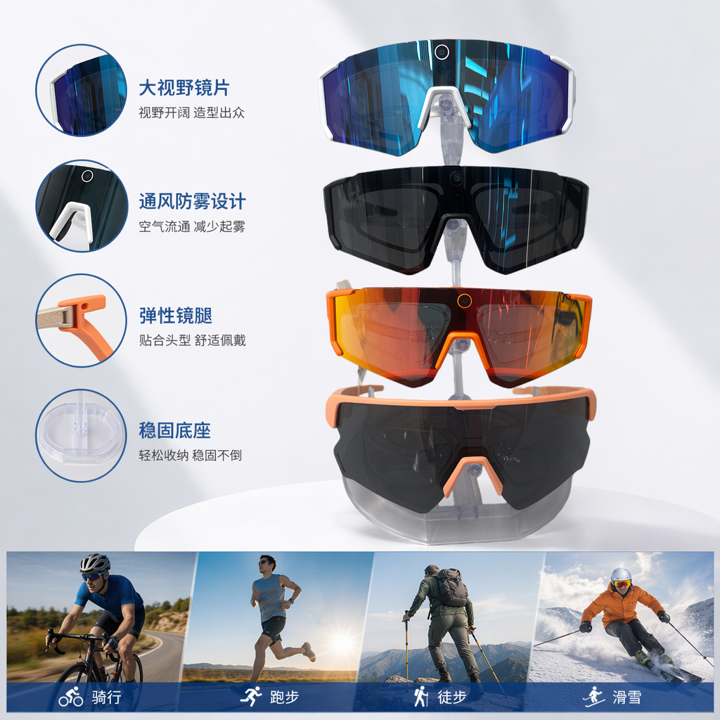 Four pairs of colorful sports sunglasses and fashionable UV-resistant polarizing glasses