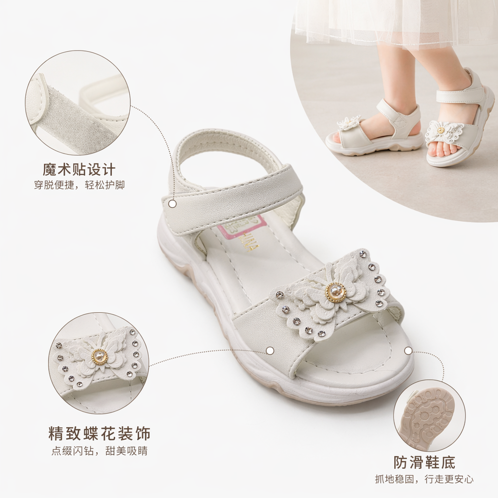 White children's sandals with butterfly flower-shaped decorations and rhinestones