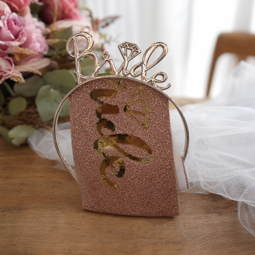 A golden diamond-encrusted Bride headpiece details Picture