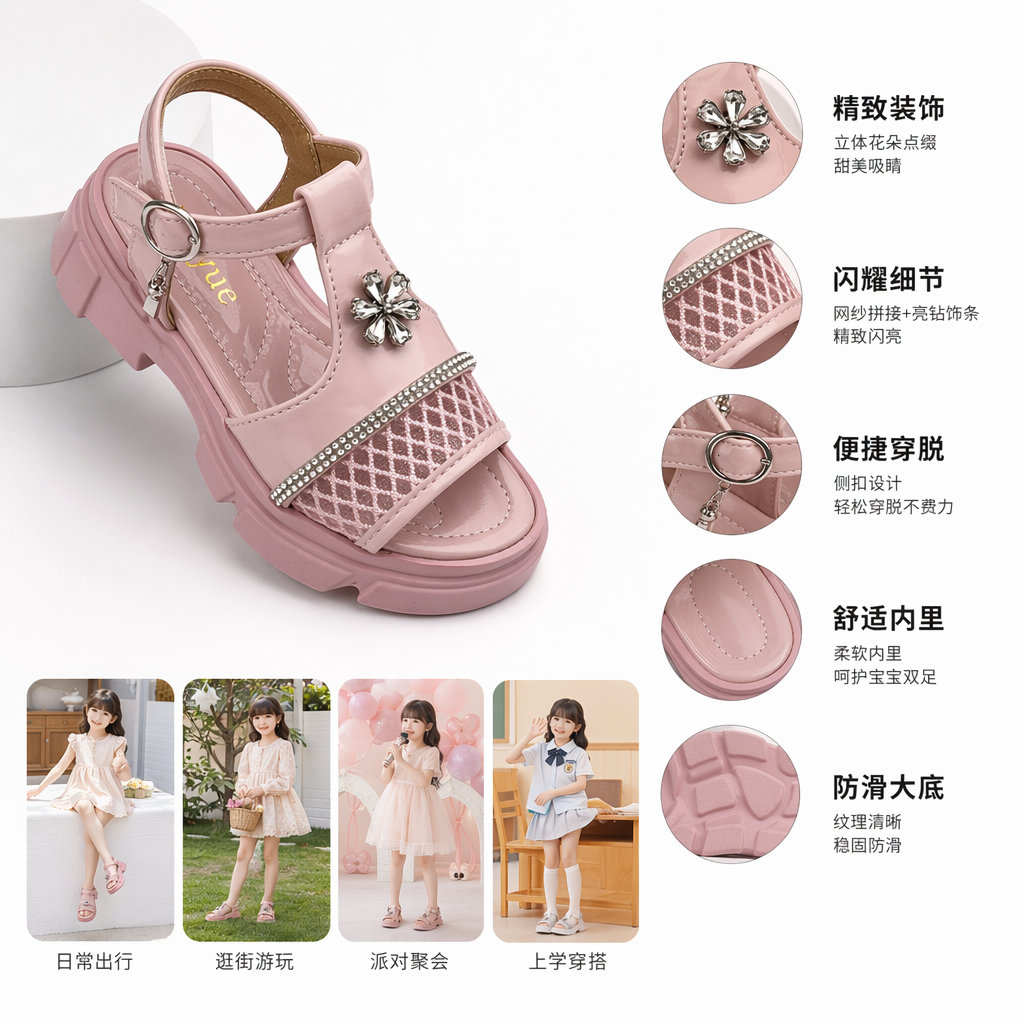 Pink and white children's sandals with floral rhinestone mesh and diamond-encrusted straps