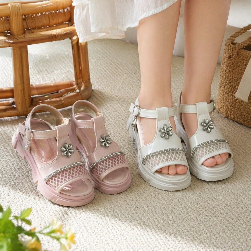 Pink and white children's sandals with floral rhinestone mesh and diamond-encrusted straps details Picture