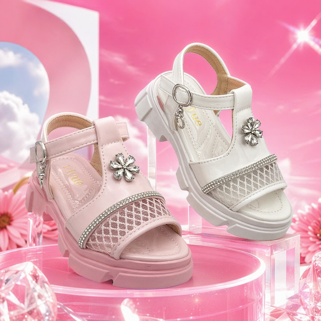 Pink and white children's sandals with floral rhinestone mesh and diamond-encrusted straps Specification image