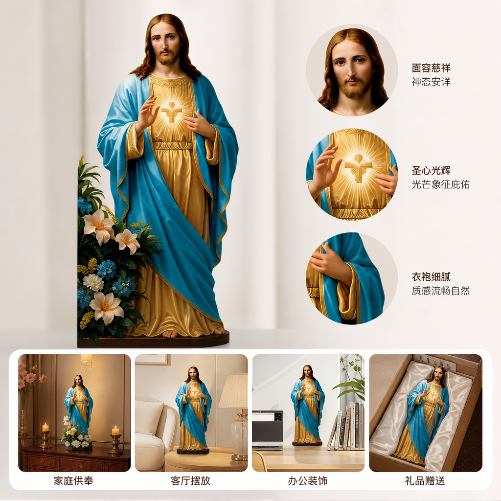 蓝色长袍耶稣基督捧心像 胸前发光十字圣号 背景光环云朵左下白花绿叶厂家批发