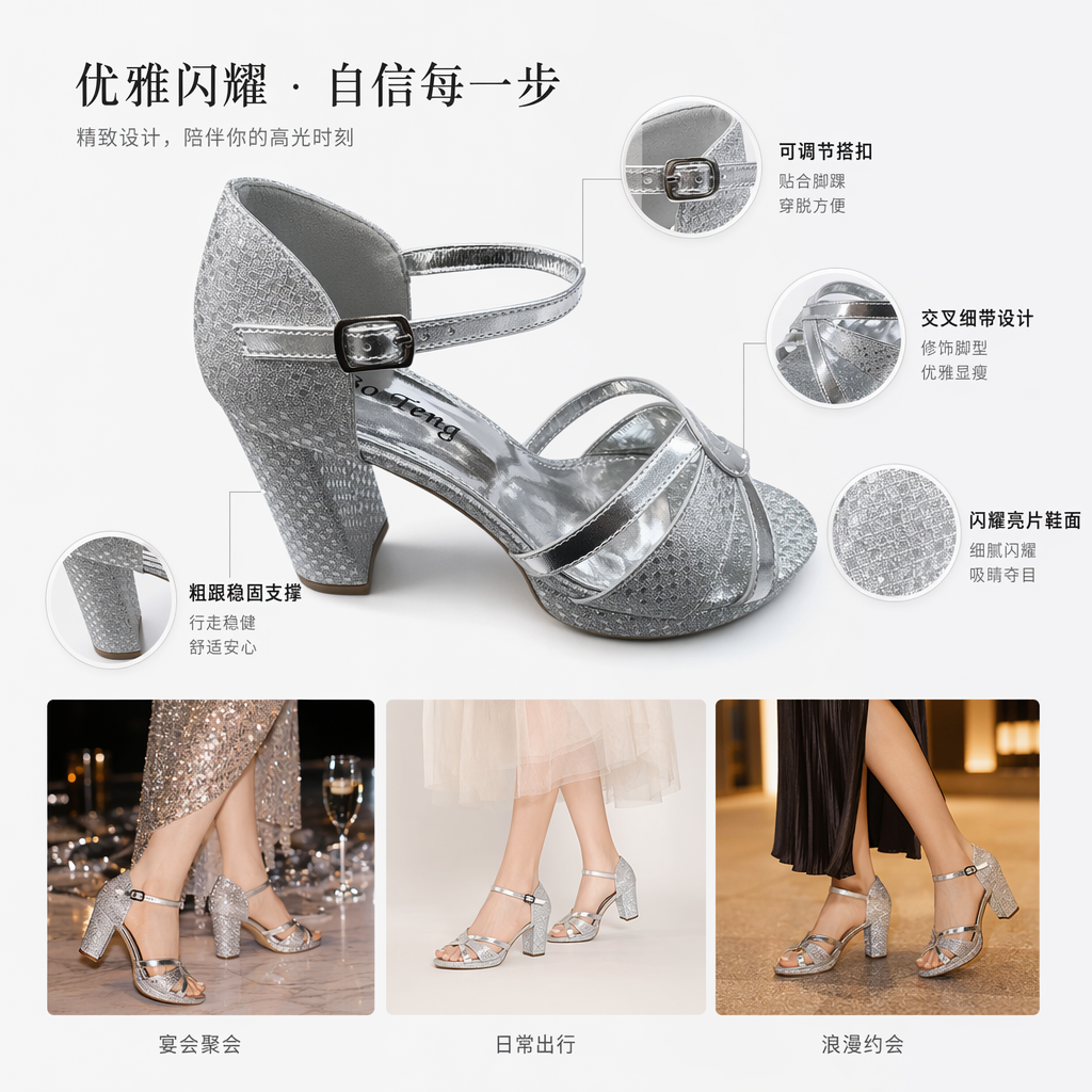 银色闪粉高跟凉鞋女夏季细跟一字带露趾单鞋