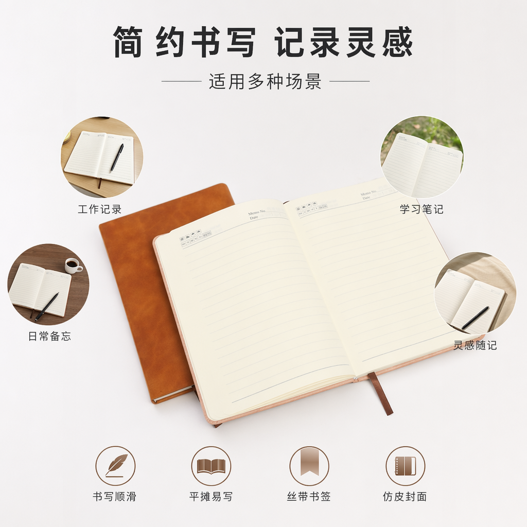 棕色皮质封面笔记本 米白色横线内页 带书签带