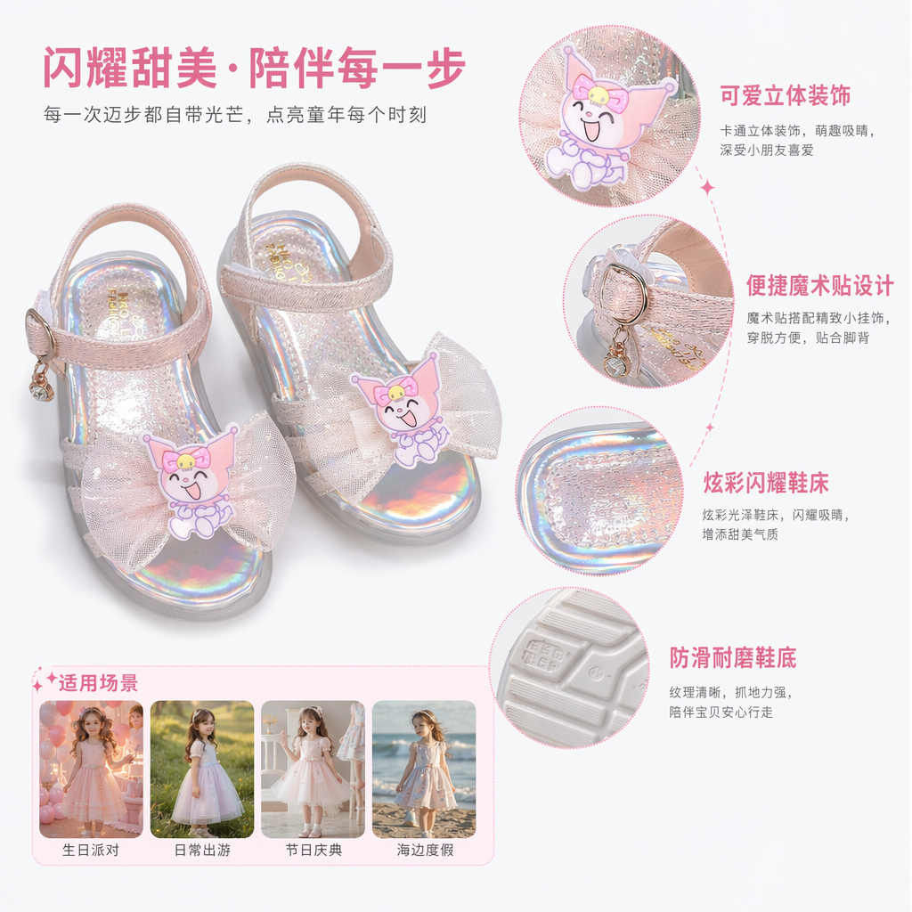 Pink shiny children's sandals with Kulomi cartoon stickers and mesh bow