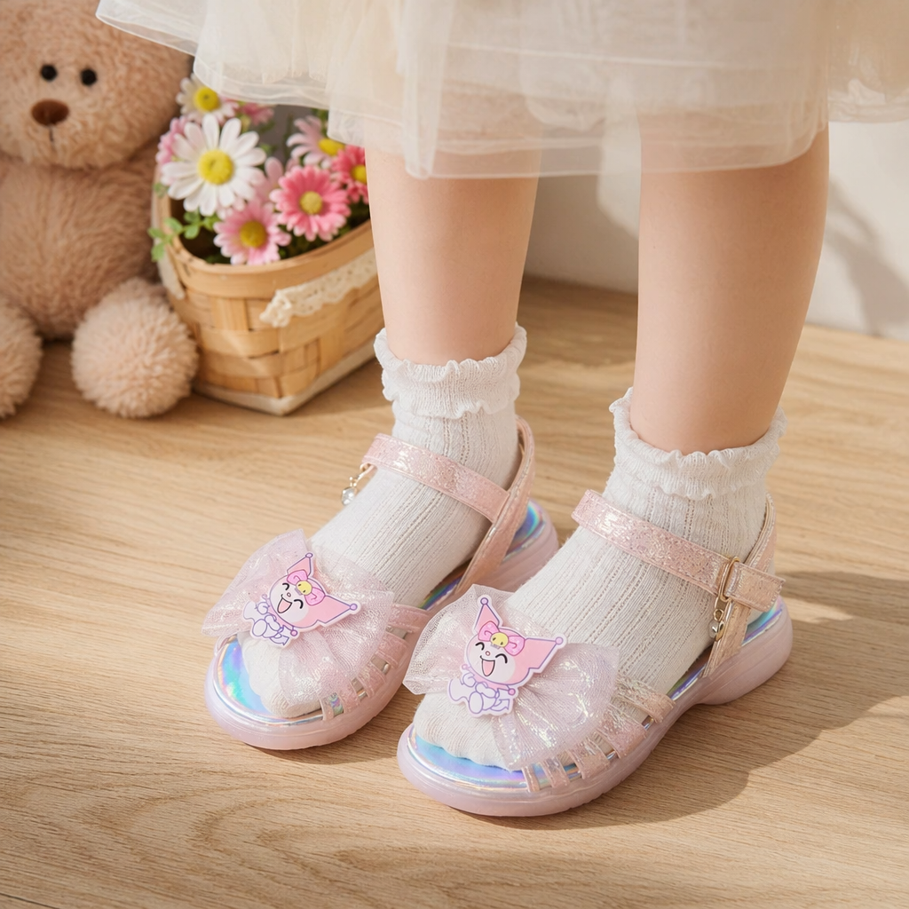 Pink shiny children's sandals with Kulomi cartoon stickers and mesh bow details Picture