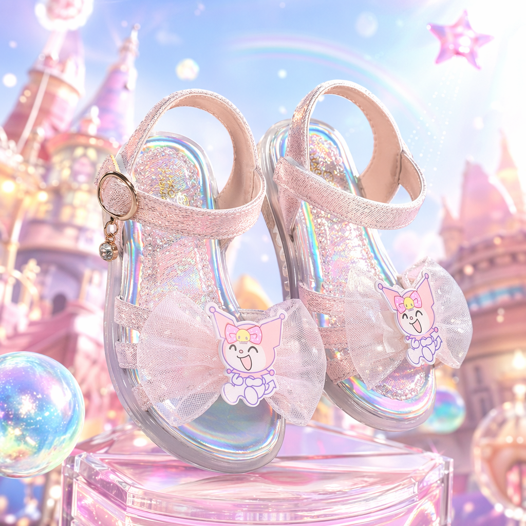 Pink shiny children's sandals with Kulomi cartoon stickers and mesh bow Specification image