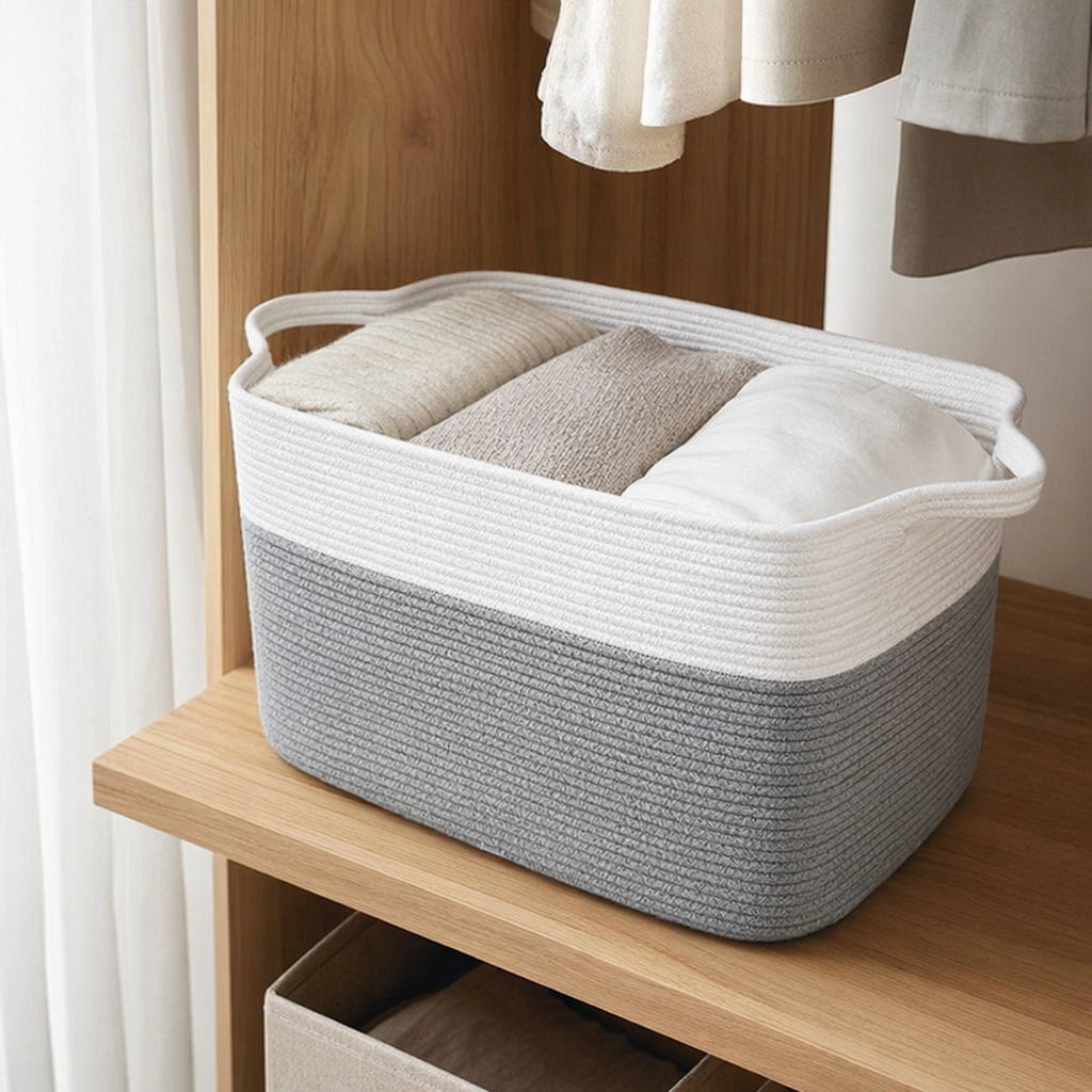 White and grey rope-woven storage basket for home living room and bedroom organization and storage details Picture