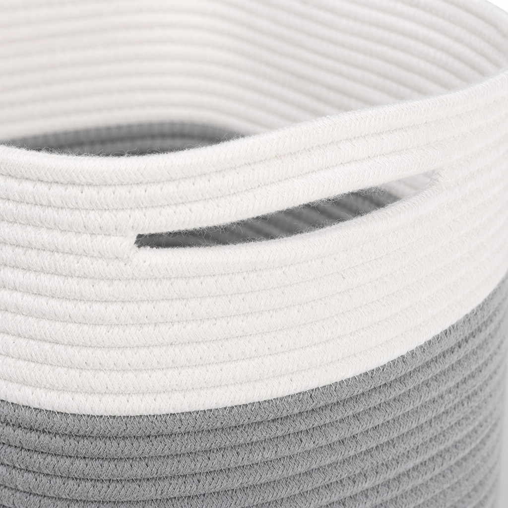 White and grey rope-woven storage basket for home living room and bedroom organization and storage Application Scenario
