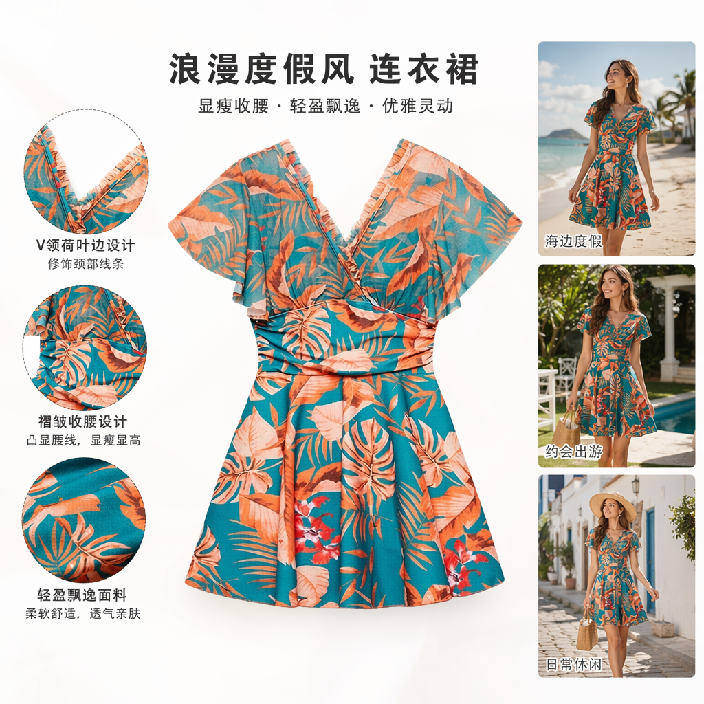 热带植物印花连衣裙女夏新款收腰显瘦A字裙