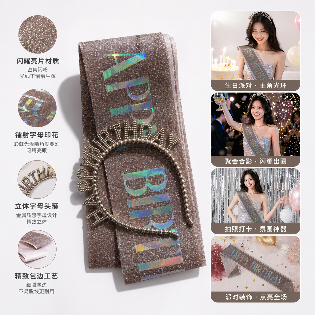 A silver bead chain decorated with glitter "HAPPY BIRTHDAY" signboard