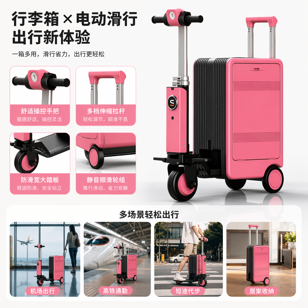 粉色行李箱电动车 20寸轻便折叠可登机旅行箱带USB充电