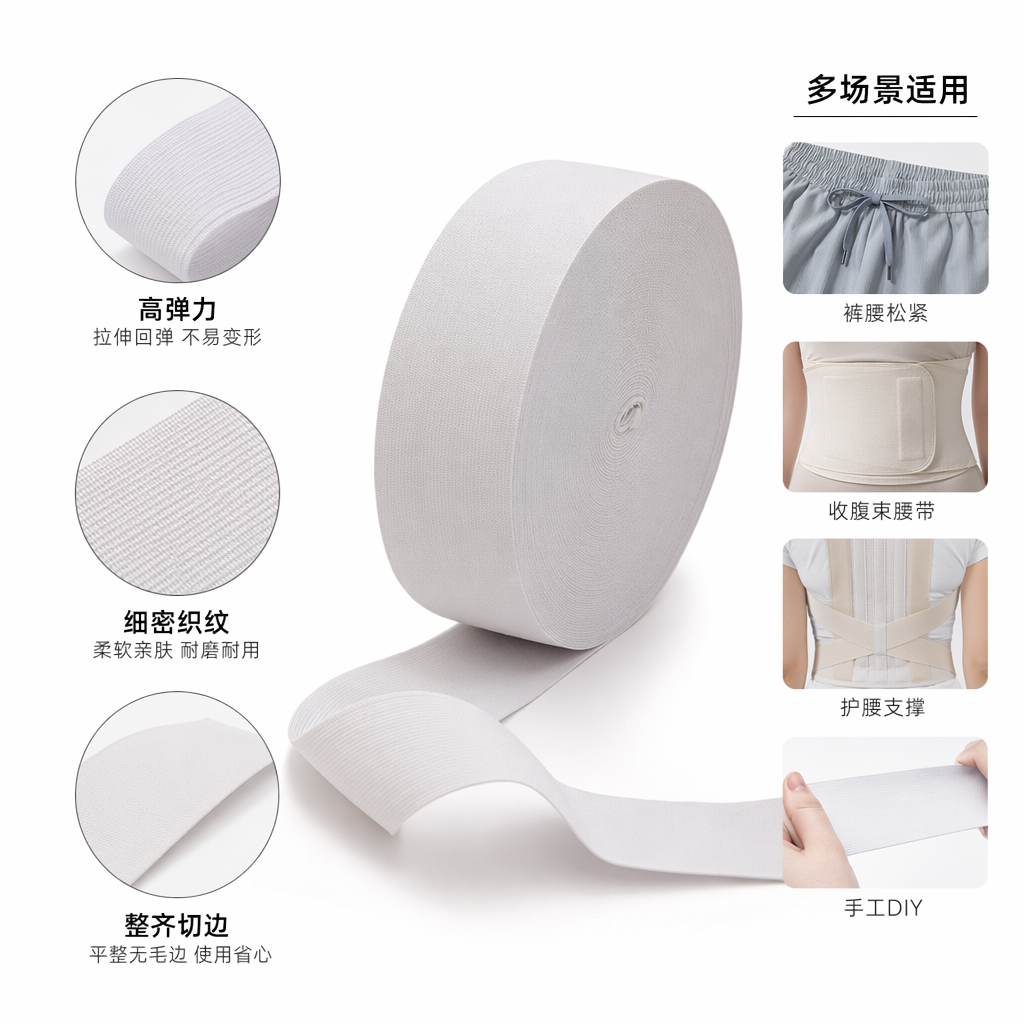 白色松紧带卷 100%涤纶 高弹力 裁缝DIY家用缝纫辅料