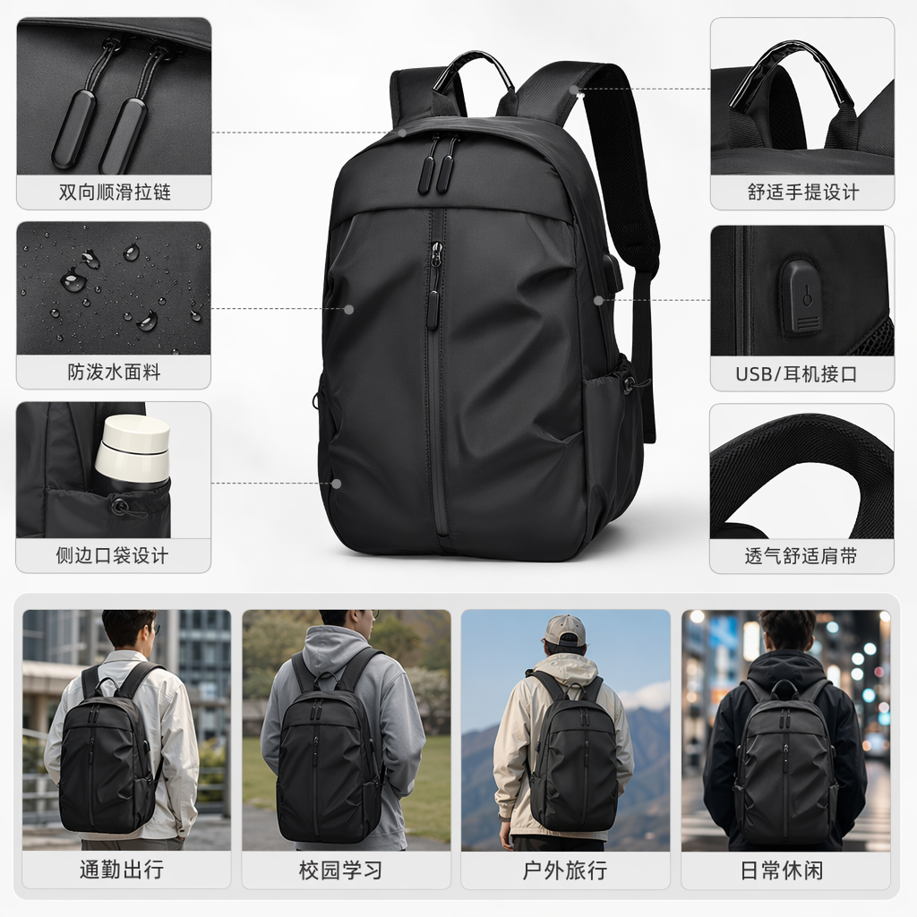 黑色双肩包加厚防泼水通勤上学多功能背包