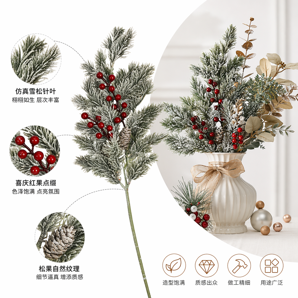 白色霜冻松枝带红浆果松果装饰品