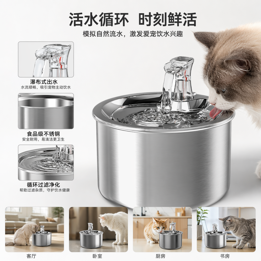 银色不锈钢宠物饮水机大容量静音设计家用猫狗通用
