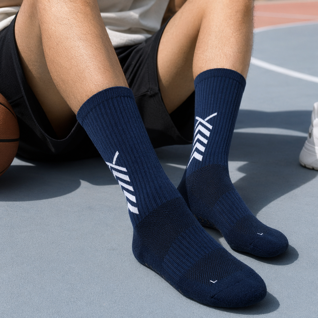 The deep blue sports socks are made of high-elasticity Lycra fiber, which fits the foot shape well and provides cushioning support details Picture