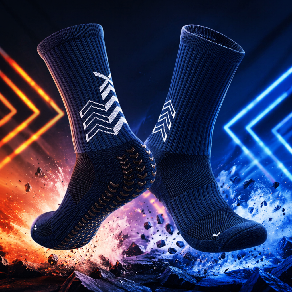The deep blue sports socks are made of high-elasticity Lycra fiber, which fits the foot shape well and provides cushioning support Specification image